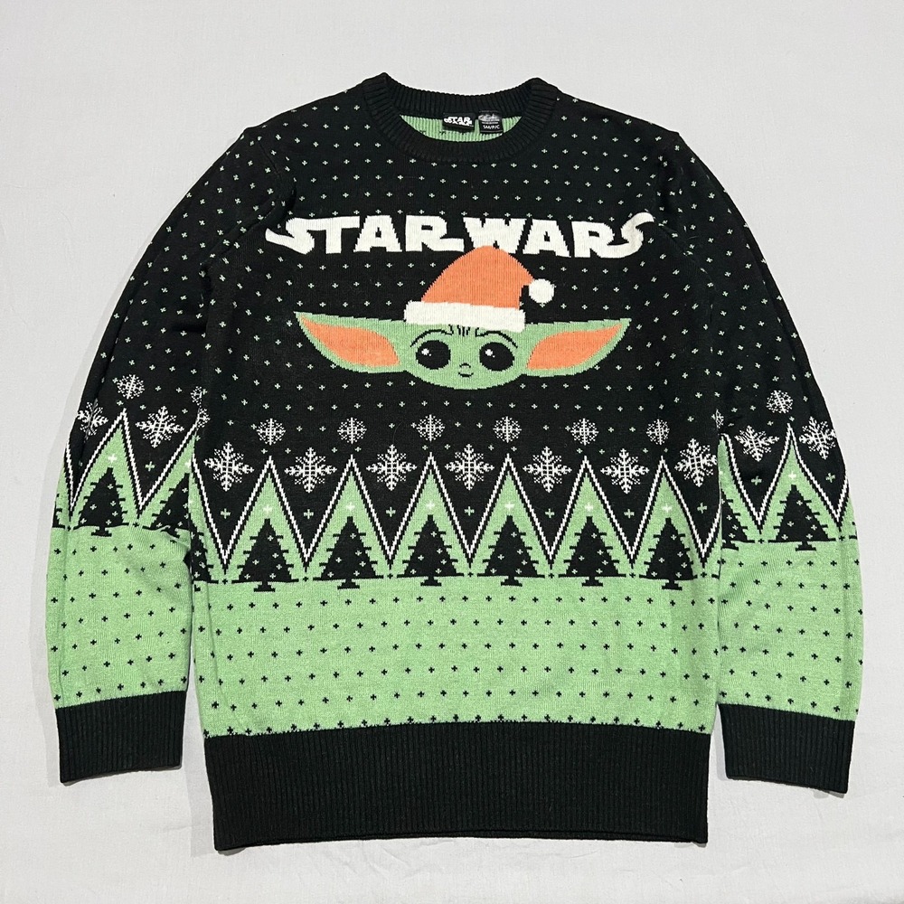 Star Wars Mens Black Green Long Sleeve Grogu Knit Ugly Christmas Sweater S